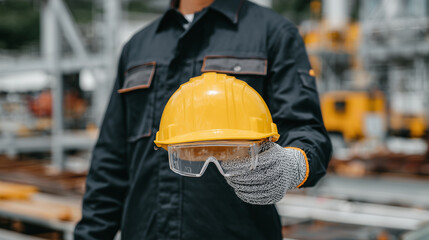 Close-up of gloved hand holding yellow hard hat and transparent safety glasses, soft sunlight highlighting textures, background blurred to emphasize protective gear, industrial wor