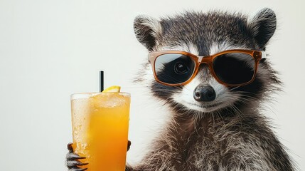 Obraz premium Racoon in sunglasses with cocktail