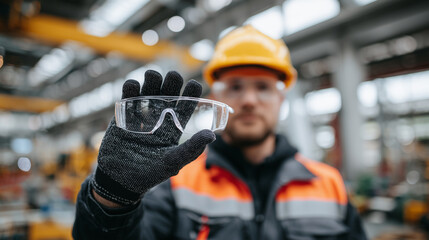Macro perspective of fingers gripping construction hard hat, safety glasses hanging from hand, soft focus industrial background, protection and workplace safety visualization