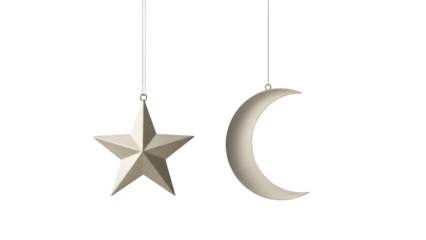 Hanging star and crescent moon ornaments isolated on transparent background