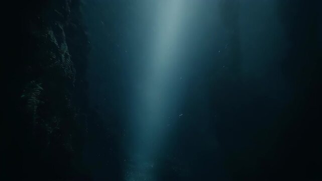 Ethereal beam of light piercing deep ocean darkness