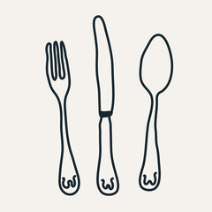Ancient cutlery set, hand drawn fork, table knife, spoon, old style dining flatware tools, morning serving in sketch doodle style isolated on white background flat vector illustration.