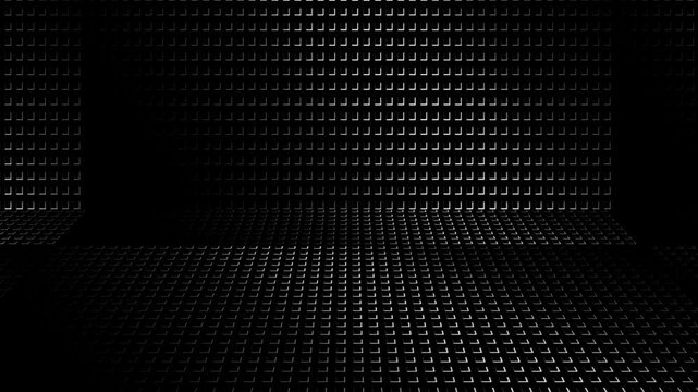 Abstract black and white glowing digital square grid creating a 3d room perspective background