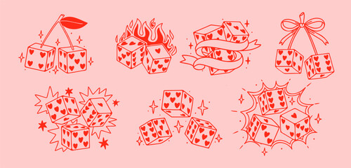 Lucky dice. Retro dice roll. Hand drawn vintage nostalgic red cherry with ribbon, bow, fire dices with explosion, splashes, and stars. Lucky elements for poster. Vector set