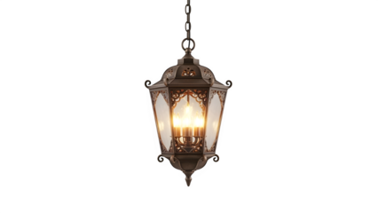 Ornate bronze outdoor hanging lantern with clear glass panels and lit bulbs isolated on transparent background