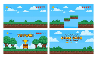 Pixel game. Retro 8bit art background. Video game scene, computer screen with cloud, tree, bush. Arcade win and lose game with chest and treasure. Console concept vector set
