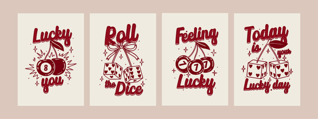 Cherry poster. Retro lucky dice. Vintage cherries with bows, ribbon, leaves, dice, star. Prints with text and slogans. Red coquette style Valentines sticker. Vector casino card