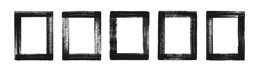 Brush frame. Grunge paint border. Black ink stroke rectangular banner with torn edge, abstract scratch texture. Paintbrush frames for poster. Overlays vector set