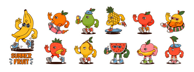 Fruit characters. Summer funky mascots. Cartoon retro juicy strawberry, apple, happy cherry, peach, pineapple, watermelon, lemon, orange. Comic food. Vector set