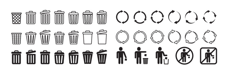 Trash icons. Garbage can symbols. Recycle bin, trash basket sign for delete, remove, clear action. Recycling waste icon. Flat outline toolbar and interface vector graphics