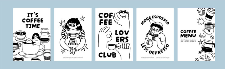 Coffee poster. Doodle coffee banner. Fun art with people drinking and enjoying drinks. Posters with cup, mug, espresso, coffee beans for cafe and shop. Vector set