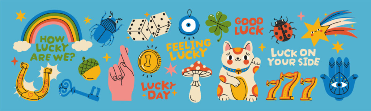 Luck. Lucky symbols. Magic amulets, horseshoe, dice, ladybug, Maneki Neko, hand, mushroom, clover, evil eye, shooting star. Talisman, fortune good luck elements. Vector set