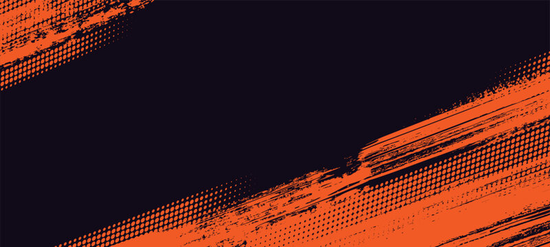 Halftone and brush banner. Abstract background. Color geometric dots texture, grunge paint brushes pattern, ink strokes for speed sport style design. Vector template