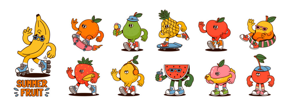 Fruit characters. Summer funky mascots. Cartoon retro juicy strawberry, apple, happy cherry, peach, pineapple, watermelon, lemon, orange. Comic food. Vector set