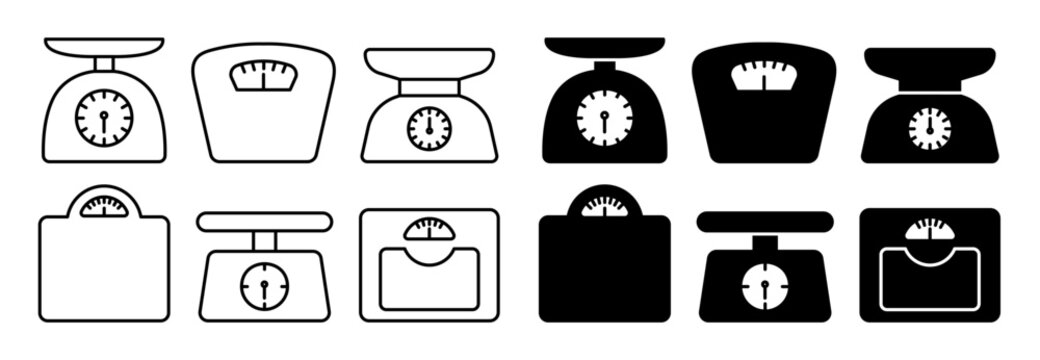 Scale weight icon. Simple kitchen scales. Black outline and silhouette pictogram kitchen food weight tools in different shapes. Kilograms. Mass sign and symbol. Vector set
