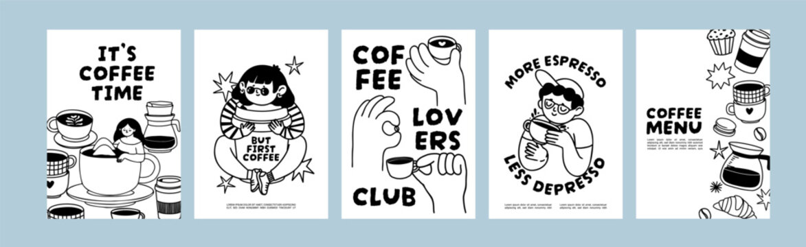 Coffee poster. Doodle coffee banner. Fun art with people drinking and enjoying drinks. Posters with cup, mug, espresso, coffee beans for cafe and shop. Vector set
