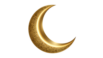 Golden crescent moon with intricate pattern isolated on transparent background