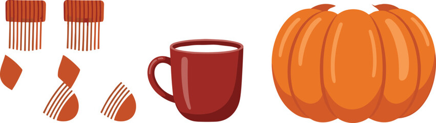 Obraz premium Cozy autumn illustration set featuring orange pumpkin, coffee mug, and geometric boho earrings, isolated on white background, seasonal fall vector.