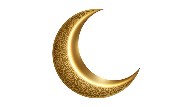 Golden crescent moon with intricate pattern isolated on transparent background