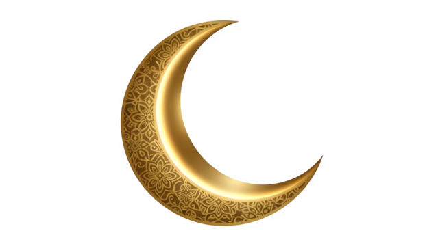 Golden crescent moon with intricate pattern isolated on transparent background - Powered by Adobe