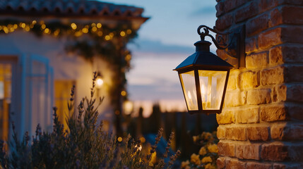 Wide-angle perspective of outdoor lantern mounted on brick wall, warm light creating long shadows, evening ambiance with subtle natural surroundings