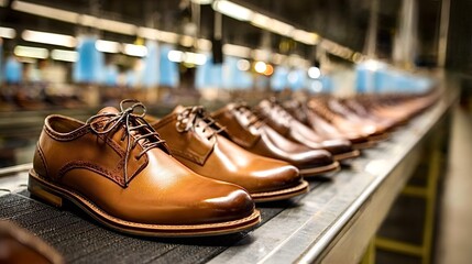 Leather dress shoes moving along factory assembly line