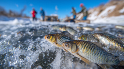 Wide-angle shot of carp on ice with anglers in distance, frozen lake and snow-covered landscape visible, focus on fish in foreground, serene winter fishing composition