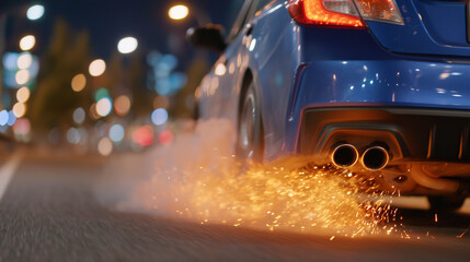 Close-up of tailpipe igniting smoke and embers, orange glow reflecting on nearby metal and asphalt, cinematic motion blur, intense night scene
