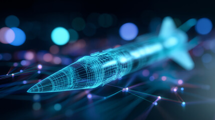 Futuristic digital hologram of a rocket floating over a glowing network background, symbolizing advanced space technology and innovation.

