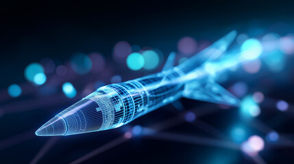 Futuristic digital hologram of a rocket floating over a glowing network background, symbolizing advanced space technology and innovation.

