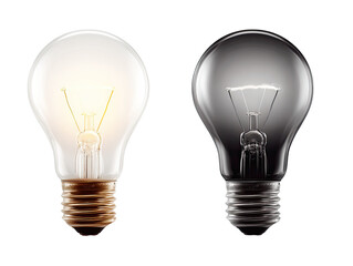 Two light bulbs, one lit brightly, the other dimly lit, both isolated on a black background.  