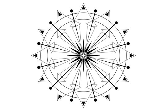 Geometric mandala, directional compass with circular arrows, mystical sacred symbol, logo tattoo design, black vector illustration isolated on white background