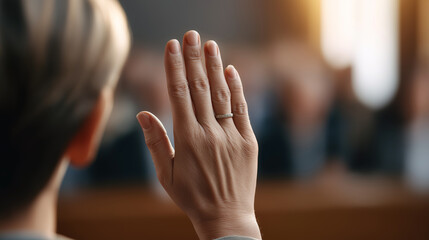 Man raising his hand in a courtroom during a legal proceeding, symbolizing justice, testimony, and civic duty.
