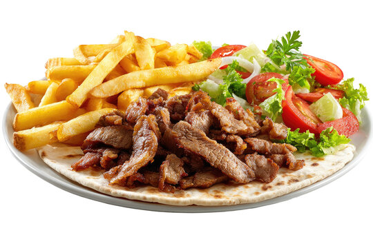 Plate of seasoned lamb gyros with french fries and salad