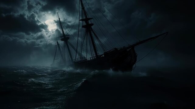 Dark, stormy sea with a ship silhouetted against moonlight