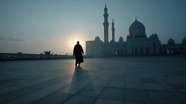Silhouette of a person walking towards a mosque at sunrise.