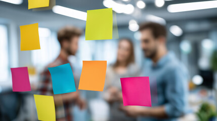 Colorful sticky notes on glass with blurred people collaborating in a modern office background.
