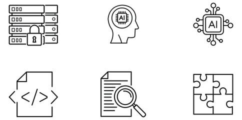 AI and Technology Icons: A collection of modern vector icons symbolizing artificial intelligence, data security, and digital innovation, showcasing elements like servers, coding, and the human mind.