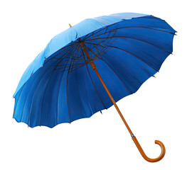 A vibrant, deep blue umbrella, angled, with a wooden handle