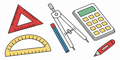 Set of essential geometric and mathematical drawing tools including a compass a triangle ruler a protractor a calculator and pencils for technical education concepts