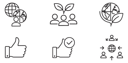Sustainable Icon Set: A comprehensive collection of minimalistic icons symbolizing key concepts related to sustainability, including environmental conservation, community involvement.