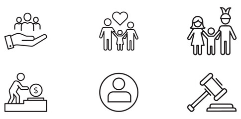 Community and Assistance Icons: Collection of simple, line-drawn icons represents diverse aspects of community care, symbolizing themes of support, connection, justice, and solidarity.