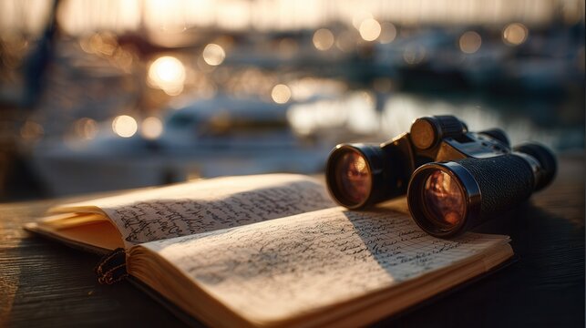 binoculars resting on an open notebook with handwritten notes, set against a blurred marina background during golden hour, warm sunlight reflecting on metal and pape