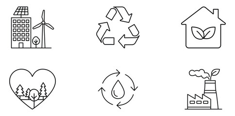 Eco Icons: A set of minimalistic icons embodying environmental protection and sustainable living. This graphic promotes key concepts: recycling, renewable energy, and eco-friendly practices.