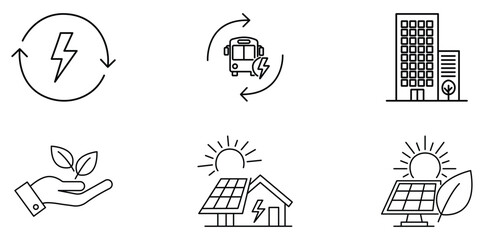 Sustainable Energy Icons: A collection of meticulously crafted line icons representing eco-friendly energy solutions, showcasing the commitment to a greener planet and a brighter future.