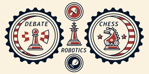 Collection of vintage style emblems representing intellectual competitions including debate chess and robotics with stylized game pieces and symbols for academic achievement