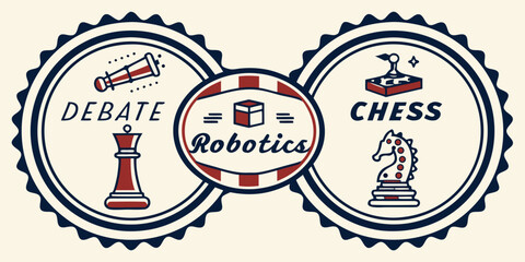 Vintage style insignia design featuring three interconnected academic and competitive clubs focusing on debate chess and robotics technology integration