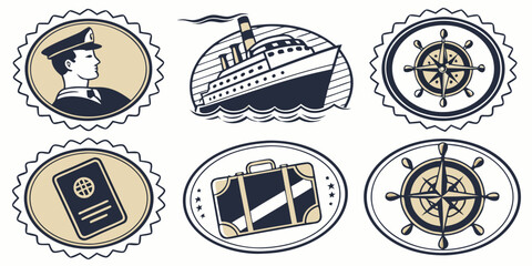 Collection of vintage travel and nautical themed emblems featuring a ship captain a steamer luggage passport and steering wheels for maritime adventure concepts.