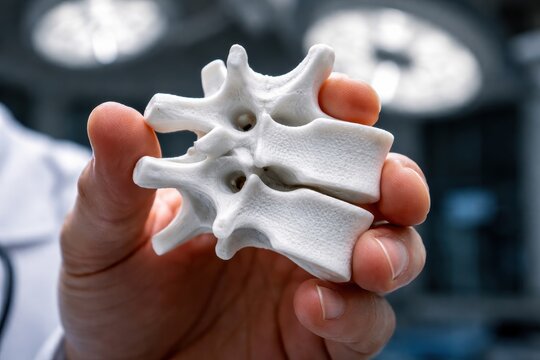Doctor hand holding white 3D printed model of human vertebrae spine bone for orthopedic or chiropractic consultation