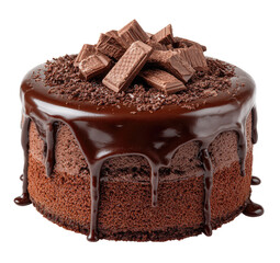 Round chocolate cake, dark rich chocolate frosting, drizzled glaze, topped with chocolate chunks